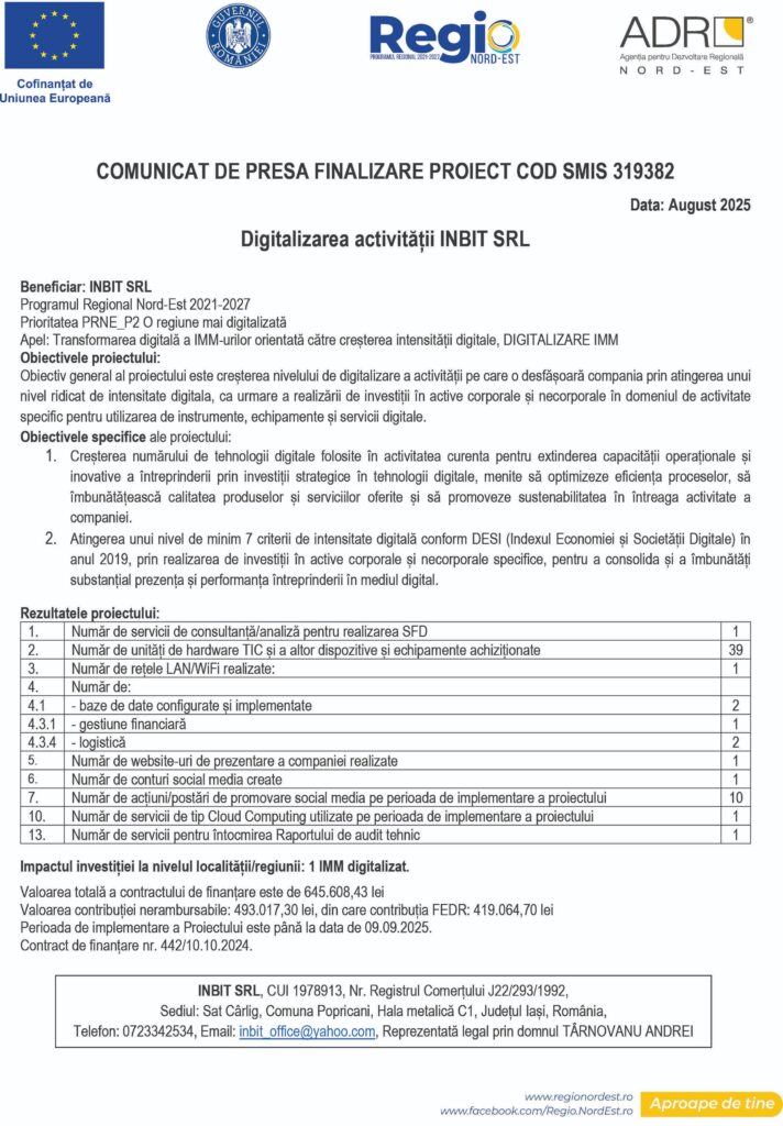 COMUNICAT DE FINALIZARE PROIECT COD SMIS 319382 Data: August 2025 Digitalizarea activității INBIT SRL